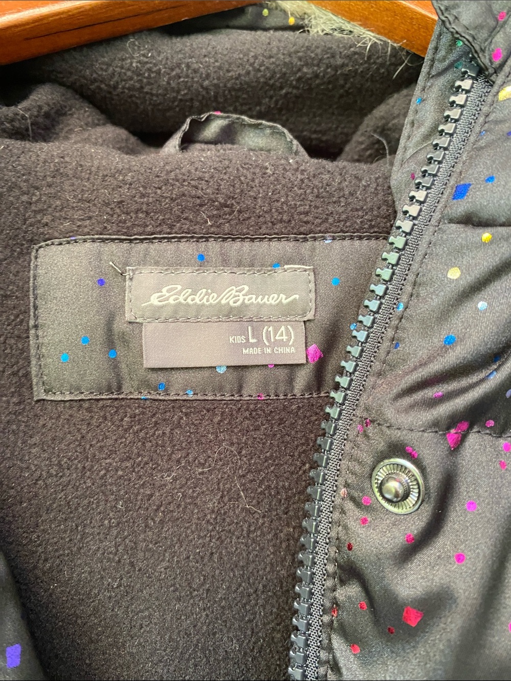 Eddie Bauer Black Down Puffer Coat with Faux Fur Hood and Multicolor Speckle - Picture 2 of 6